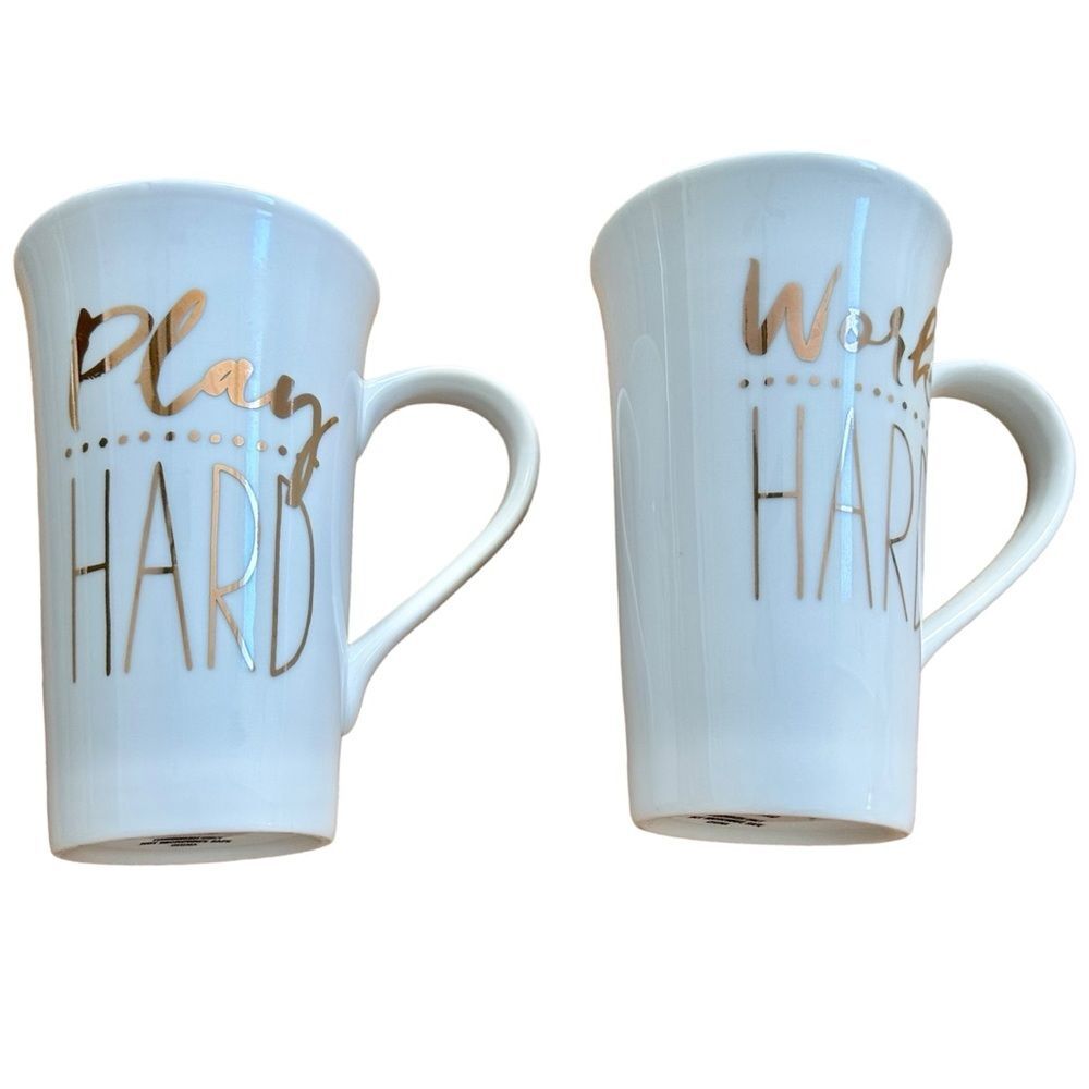222 Fifth Work Hard Play Hard Ceramic Gold and White Mug Set